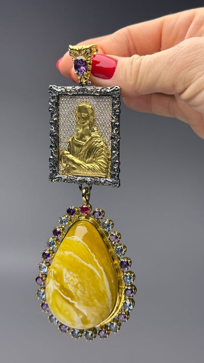 Large Butterscotch / Royal White Amber Pendant with Mona Lisa Painting in Gold Plated Silver Case with Gemstones