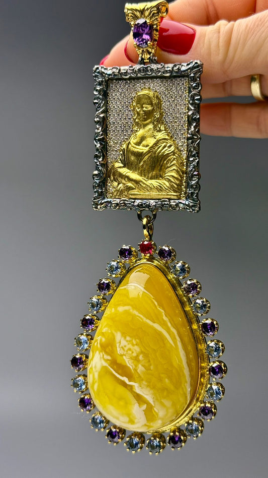 Large Butterscotch / Royal White Amber Pendant with Mona Lisa Painting in Gold Plated Silver Case with Gemstones