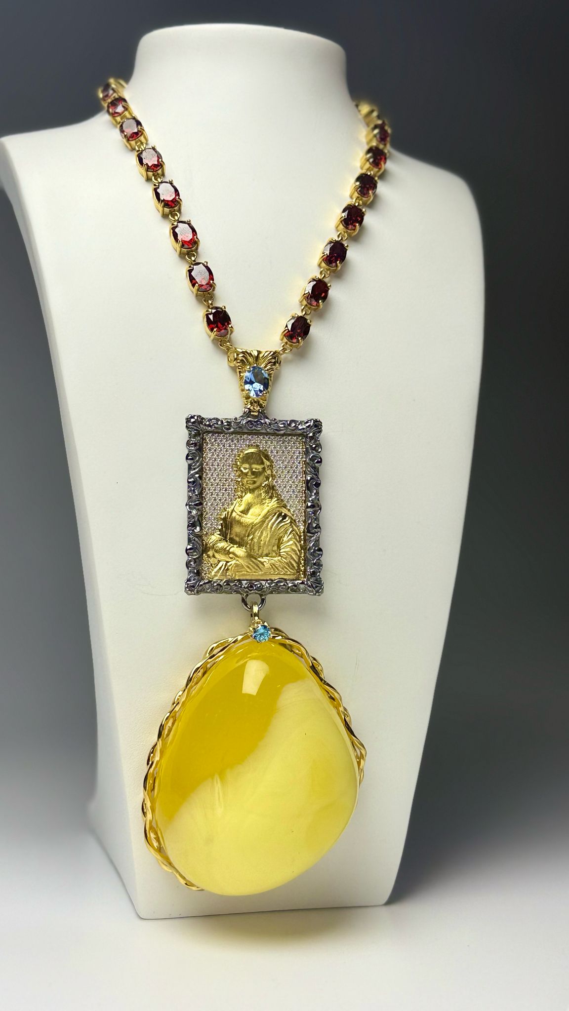 Unique Artistic Natural Cloudy Milk Amber Pendant with Gemstone Necklace in Gold Plated Silver