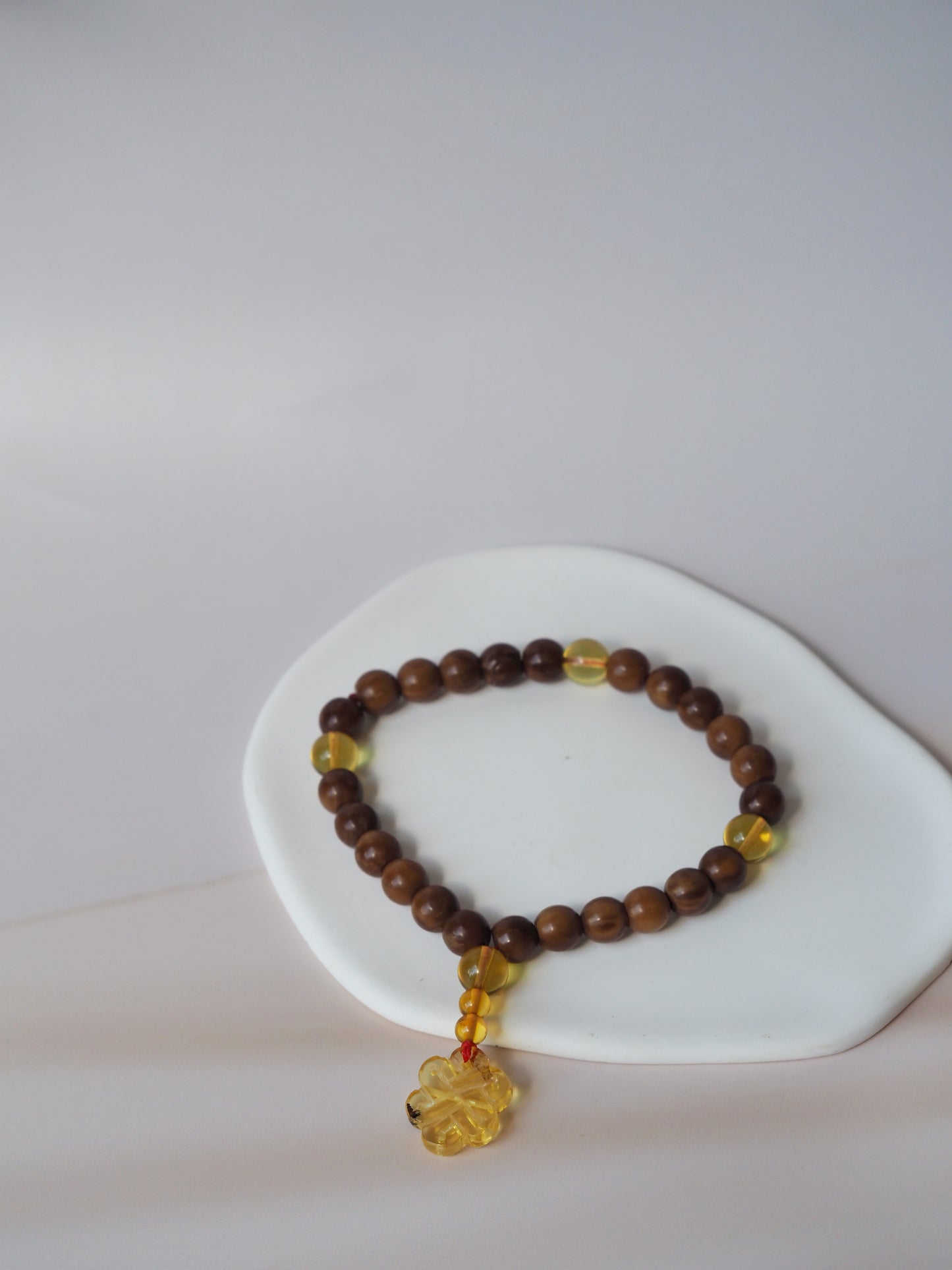 Unique Kokka Wood & Citron Amber Mala 27 Prayer Beads with Handmade Chinese Knot