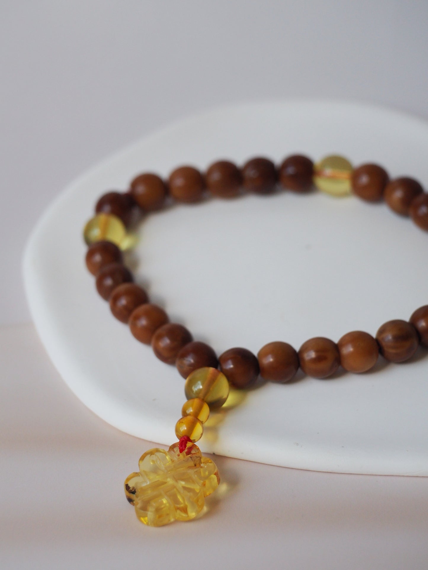 Unique Kokka Wood & Citron Amber Mala 27 Prayer Beads with Handmade Chinese Knot