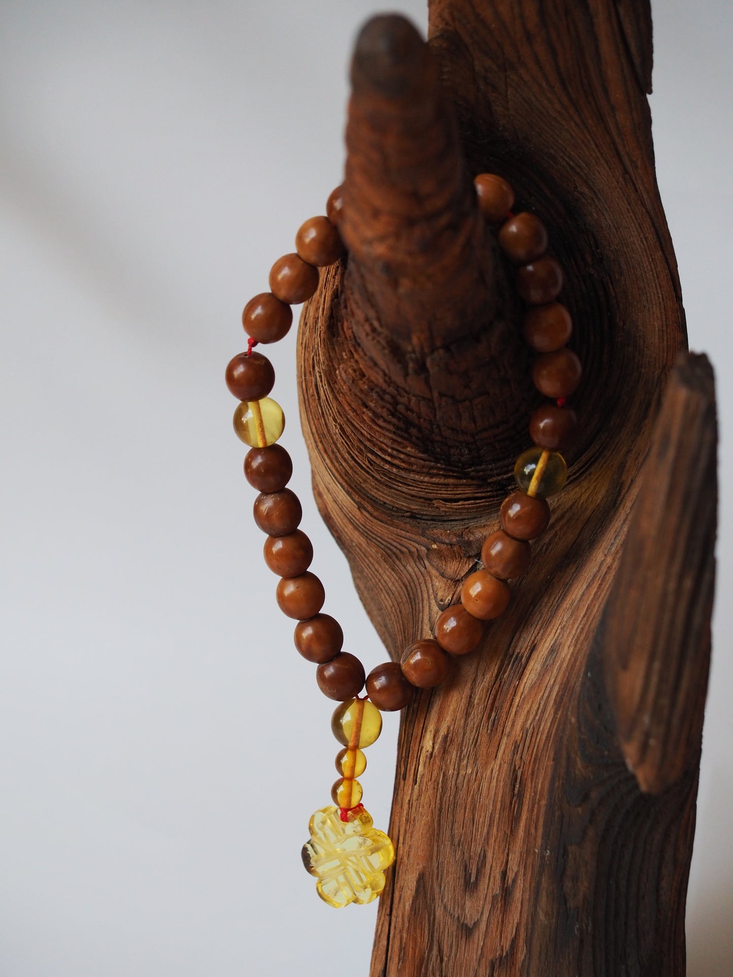 Unique Kokka Wood & Citron Amber Mala 27 Prayer Beads with Handmade Chinese Knot