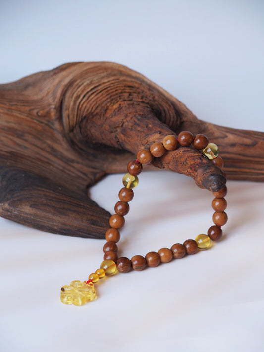 Unique Kokka Wood & Citron Amber Mala 27 Prayer Beads with Handmade Chinese Knot