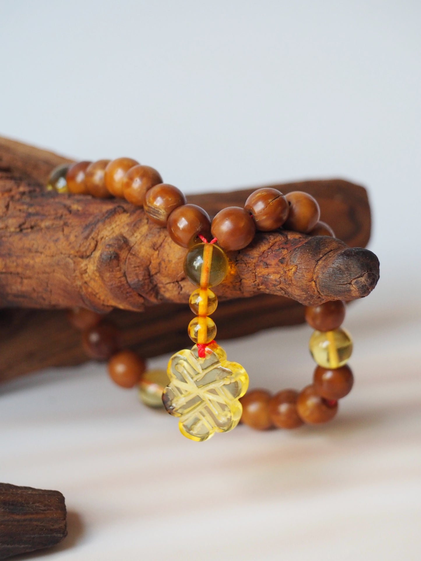 Unique Kokka Wood & Citron Amber Mala 27 Prayer Beads with Handmade Chinese Knot