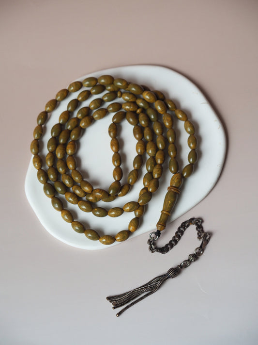 Olive Green Antique American Bakelite with Yellow Veins and Silver Tassel Tasbih 99 Beads