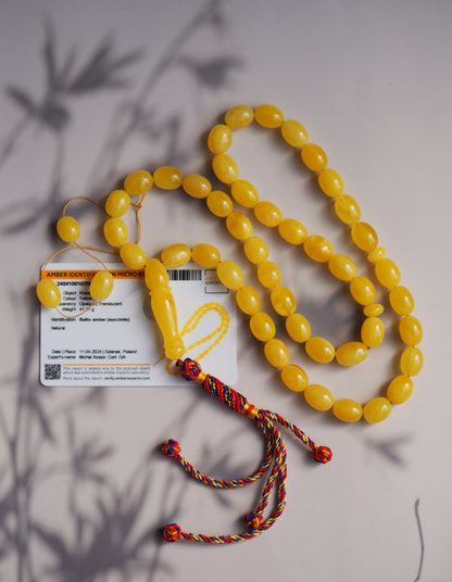 Natural Butterscotch Olive Shape Amber Rosary with Certificate 45 Beads + 3 Spare