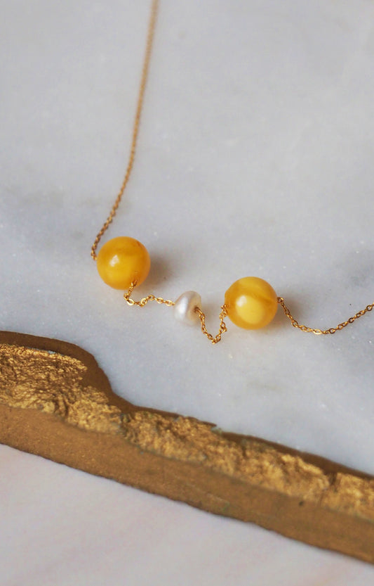 21K Gold Necklace with Natural Baltic Amber and Saltwater Bahraini Pearls + Certificate