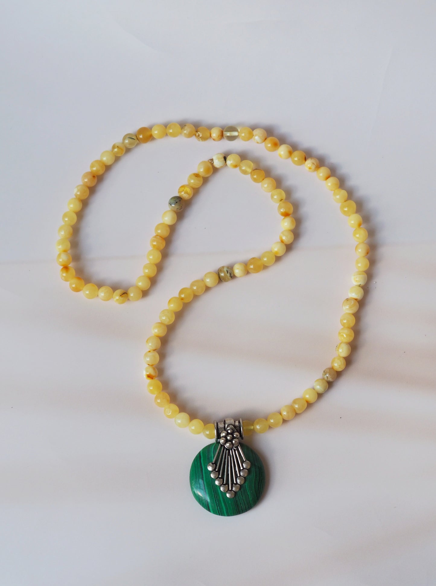 Natural Multicolor Baltic Amber Necklace with Malachite and Silver Pendant