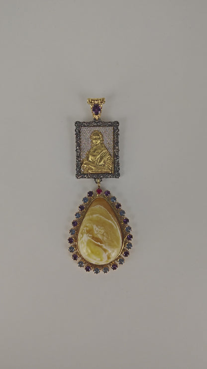 Large Butterscotch / Royal White Amber Pendant with Mona Lisa Painting in Gold Plated Silver Case with Gemstones