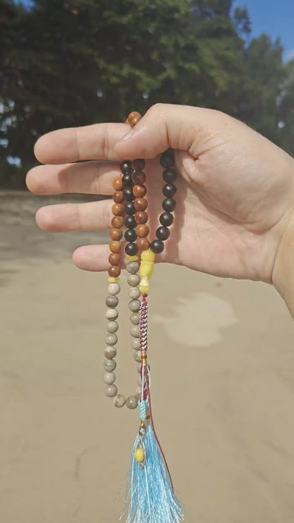 Natural Baltic Amber, Polish Striped Flint and Egyptian Kokka Wood Rosary 66 Beads