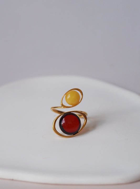 Delicate and Lightweight Red & Butterscotch Amber Ring in Gold Plated Silver