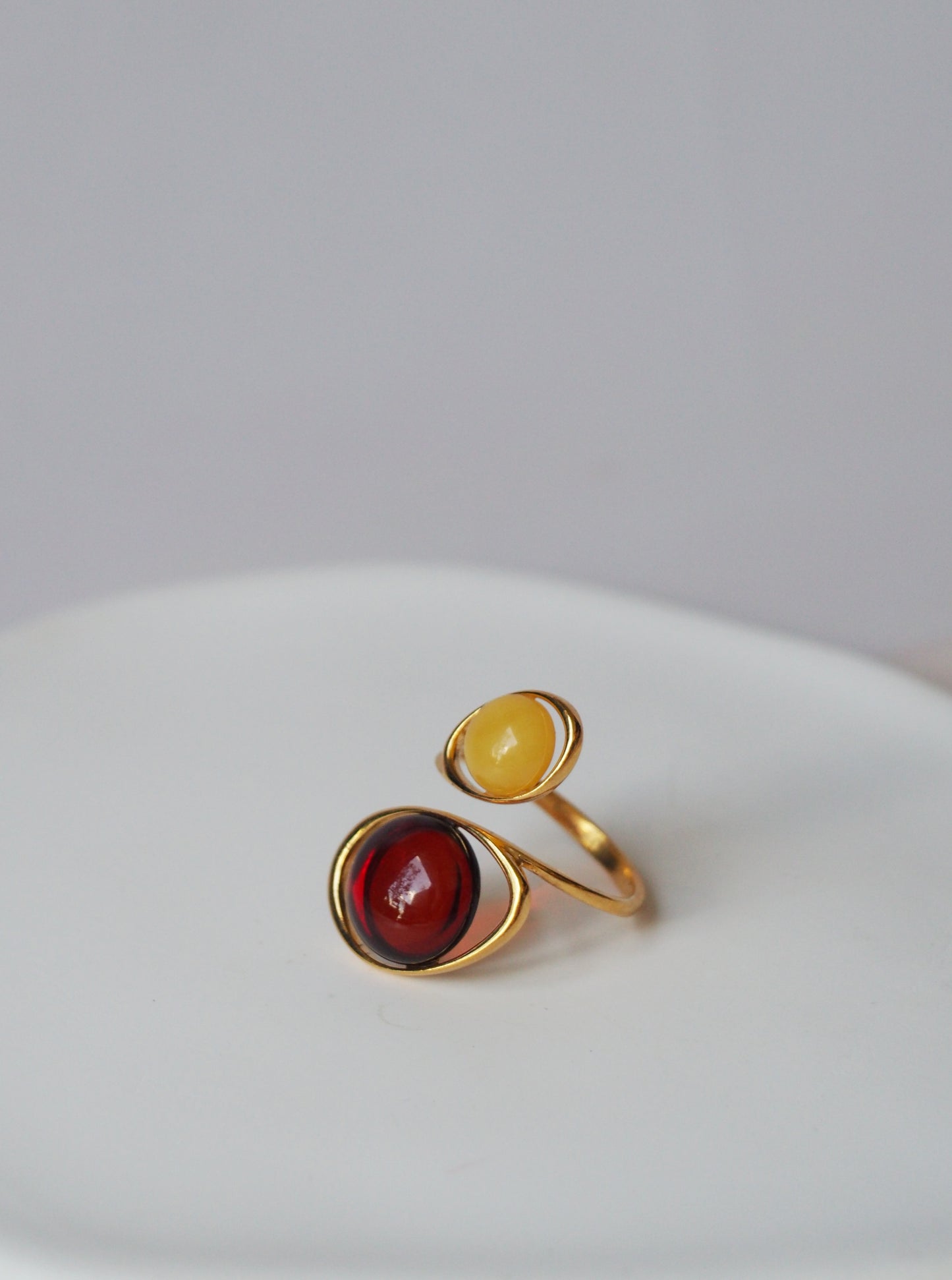 Delicate and Lightweight Red & Butterscotch Amber Ring in Gold Plated Silver