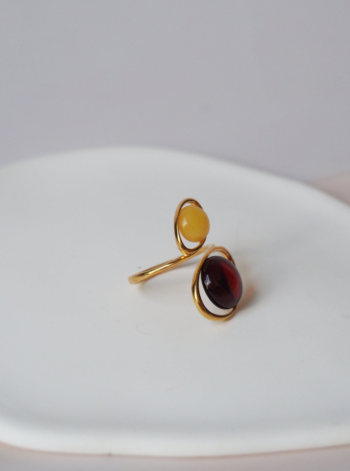 Delicate and Lightweight Red & Butterscotch Amber Ring in Gold Plated Silver