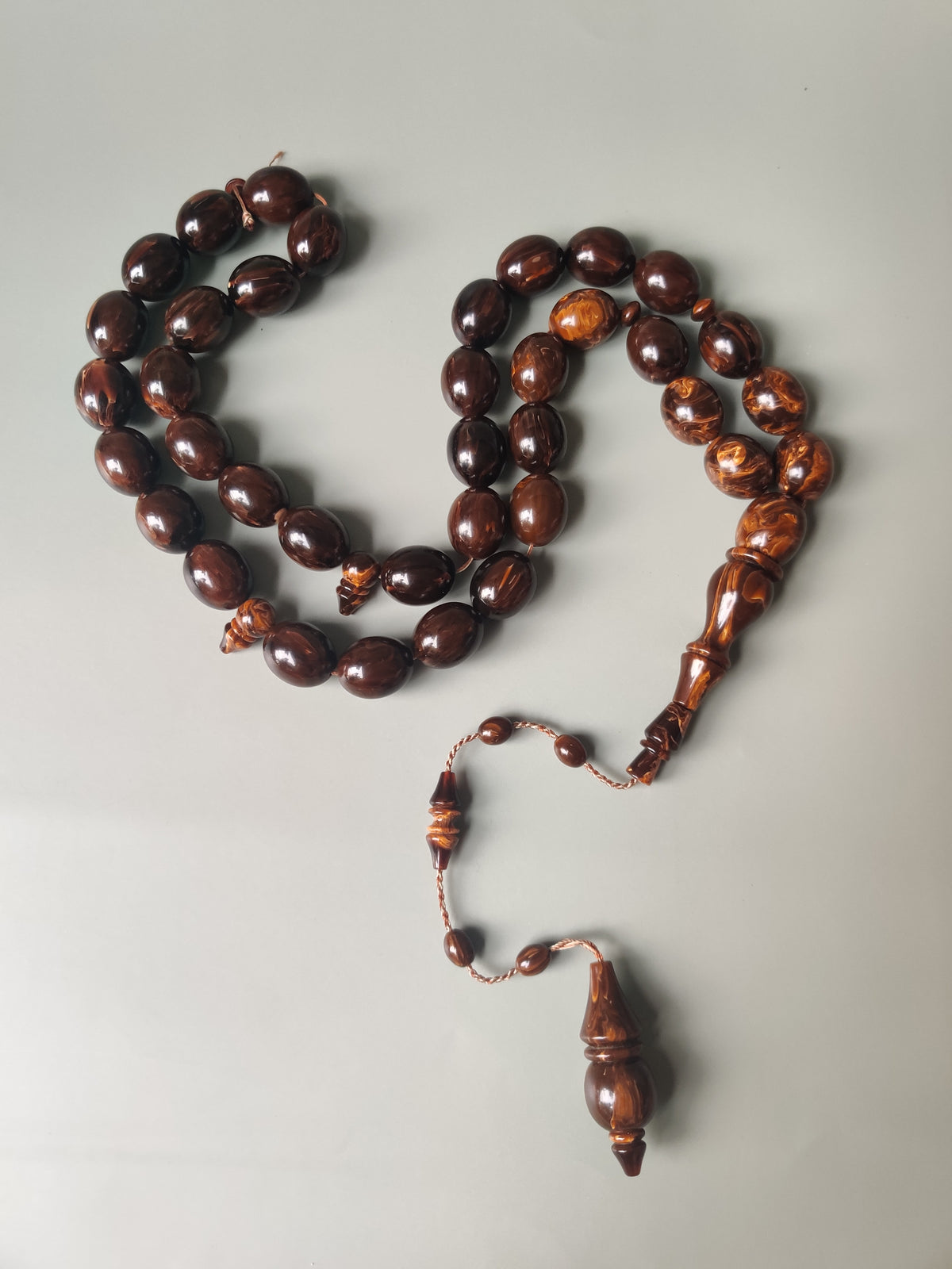 Rare American Bakelite Tasbih | 37 Pigeon Egg Beads | Chocolate Brown With Light Veins