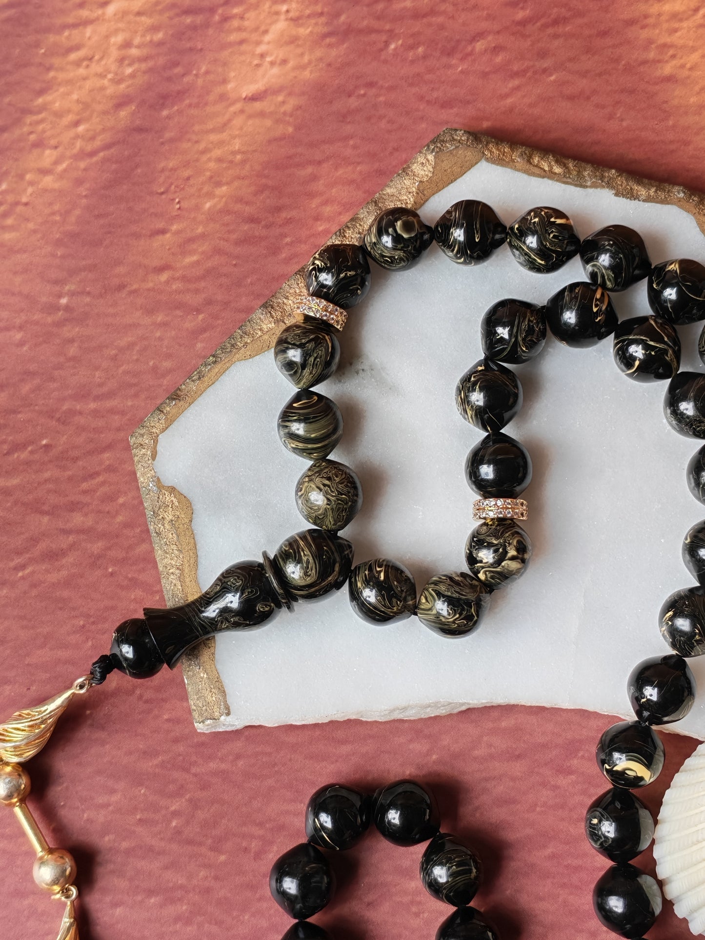 Rare Collectible American Bakelite Tasbih – 63 Istanbul Beads | Black With Aged White Veins