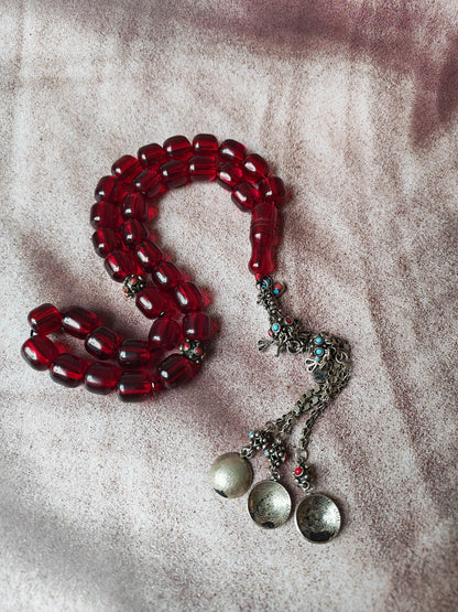 German Bakelite Rosary – 33 Jumbo Barrel Beads | Pomegranate Red Color
