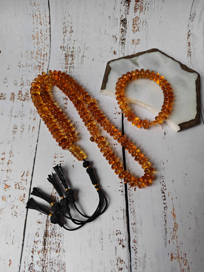 Citron Baltic Amber Misbah & Bracelet Set – 99 Beads | Flat Donut Shape