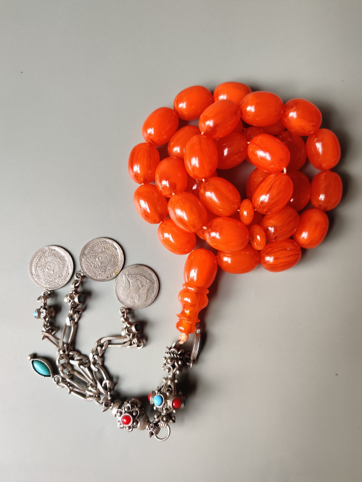 Super Rare German Bakelite Tasbih | 33 Pigeon Egg Beads | Orange with Veins