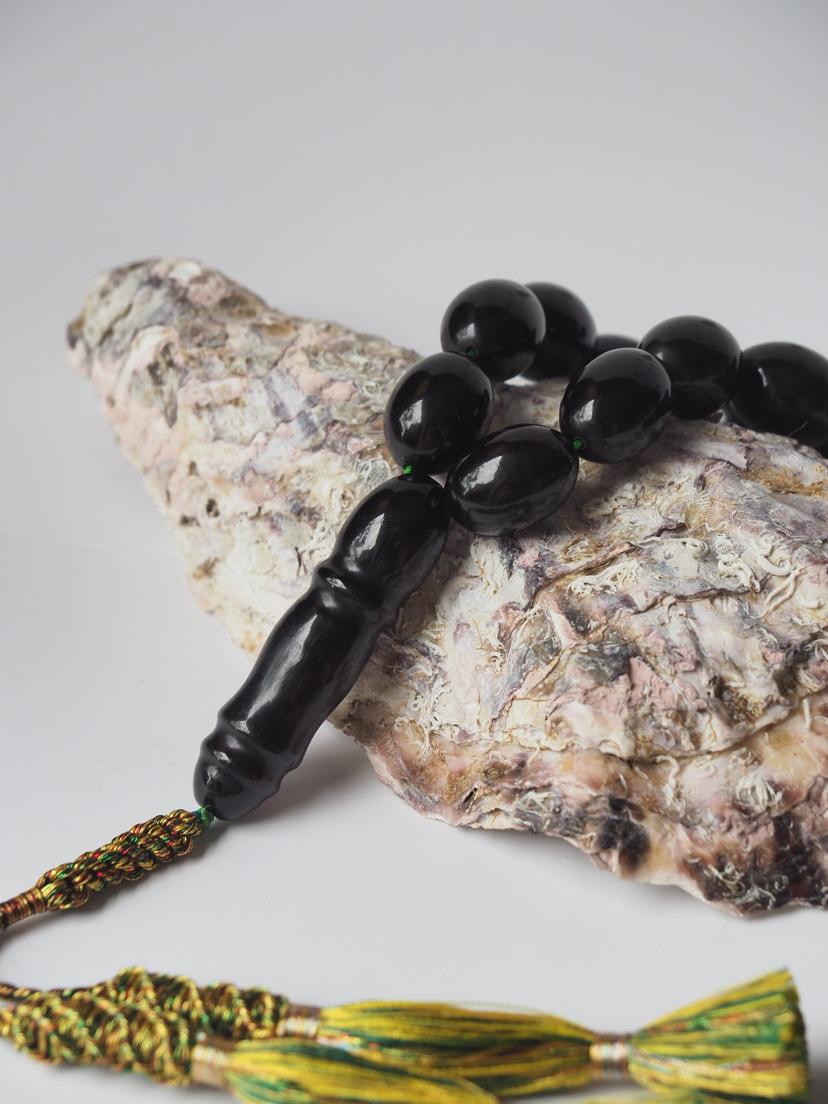 Unique and Extremely Rare Antique Black Melted German Amber Tasbih From 1980s Iraq | 66 Olive Beads | 150g