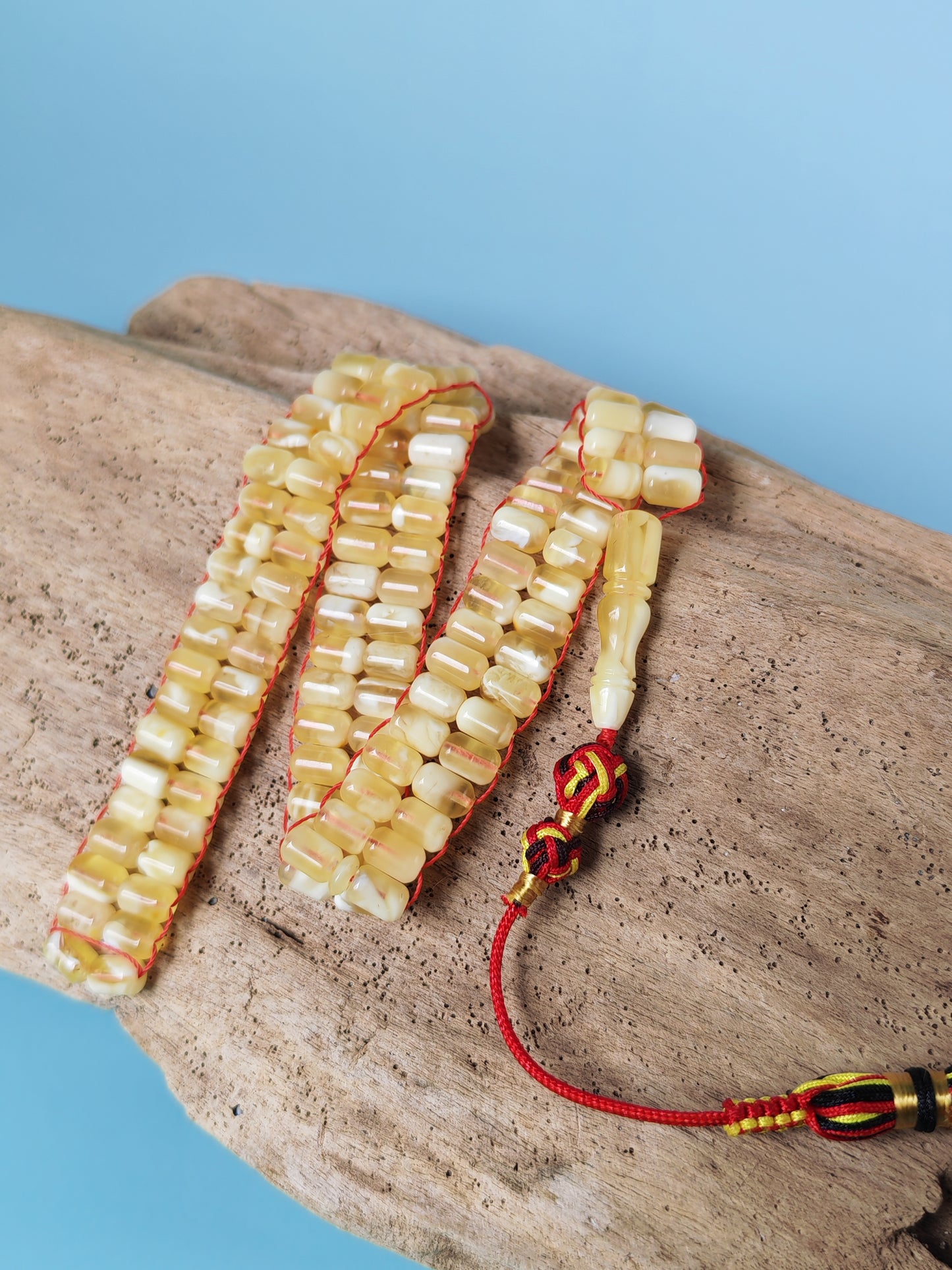 Micro Mosaic Baltic Amber Rosary – 114 Barrel Beads | Unique Flat Design
