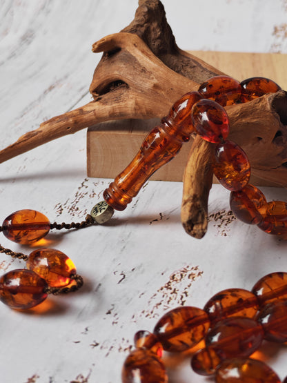 Vintage Melted Russian Amber Misbah | 39 Olive Beads | Cognac Tone