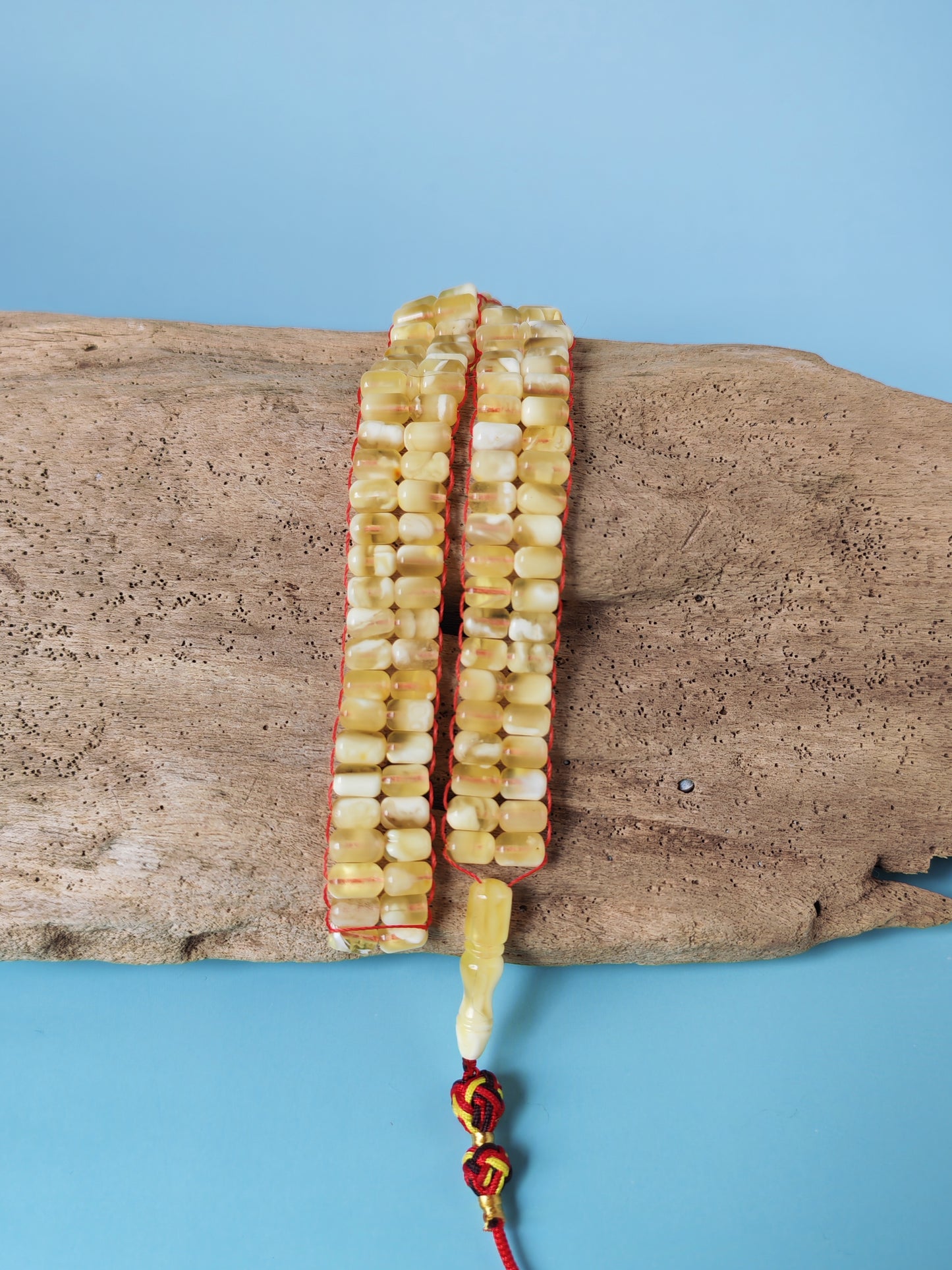 Micro Mosaic Baltic Amber Rosary – 114 Barrel Beads | Unique Flat Design