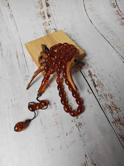 Vintage Melted Russian Amber Misbah | 39 Olive Beads | Cognac Tone