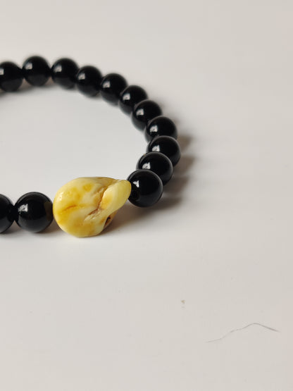 Black Onyx & Rare White Amber Bracelet