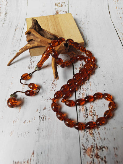 Vintage Melted Russian Amber Misbah | 39 Olive Beads | Cognac Tone