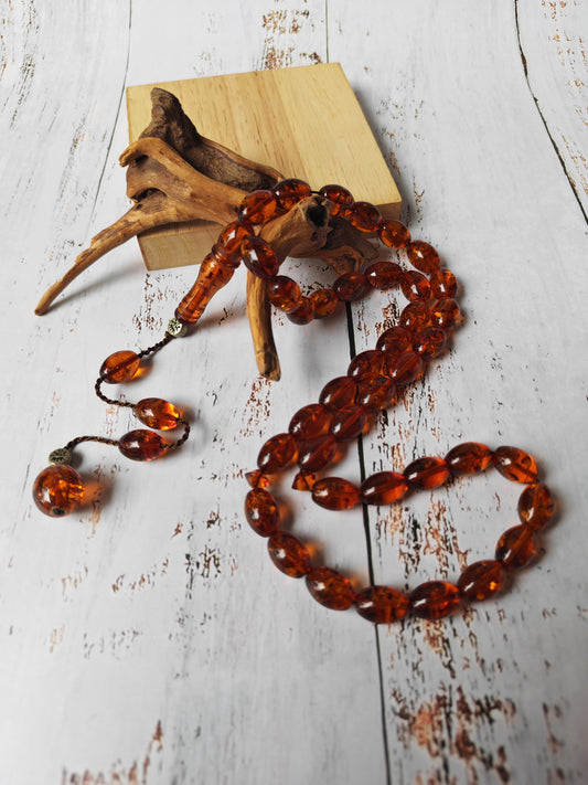 Vintage Melted Russian Amber Misbah | 39 Olive Beads | Cognac Tone