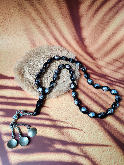 Black Ebony Tasbih | 33 Olive Beads | Silver Carving | Silver Tassel