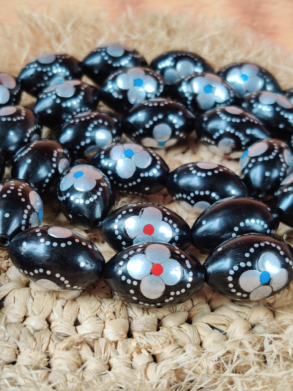 Black Ebony Tasbih | 33 Olive Beads | Silver Carving | Silver Tassel