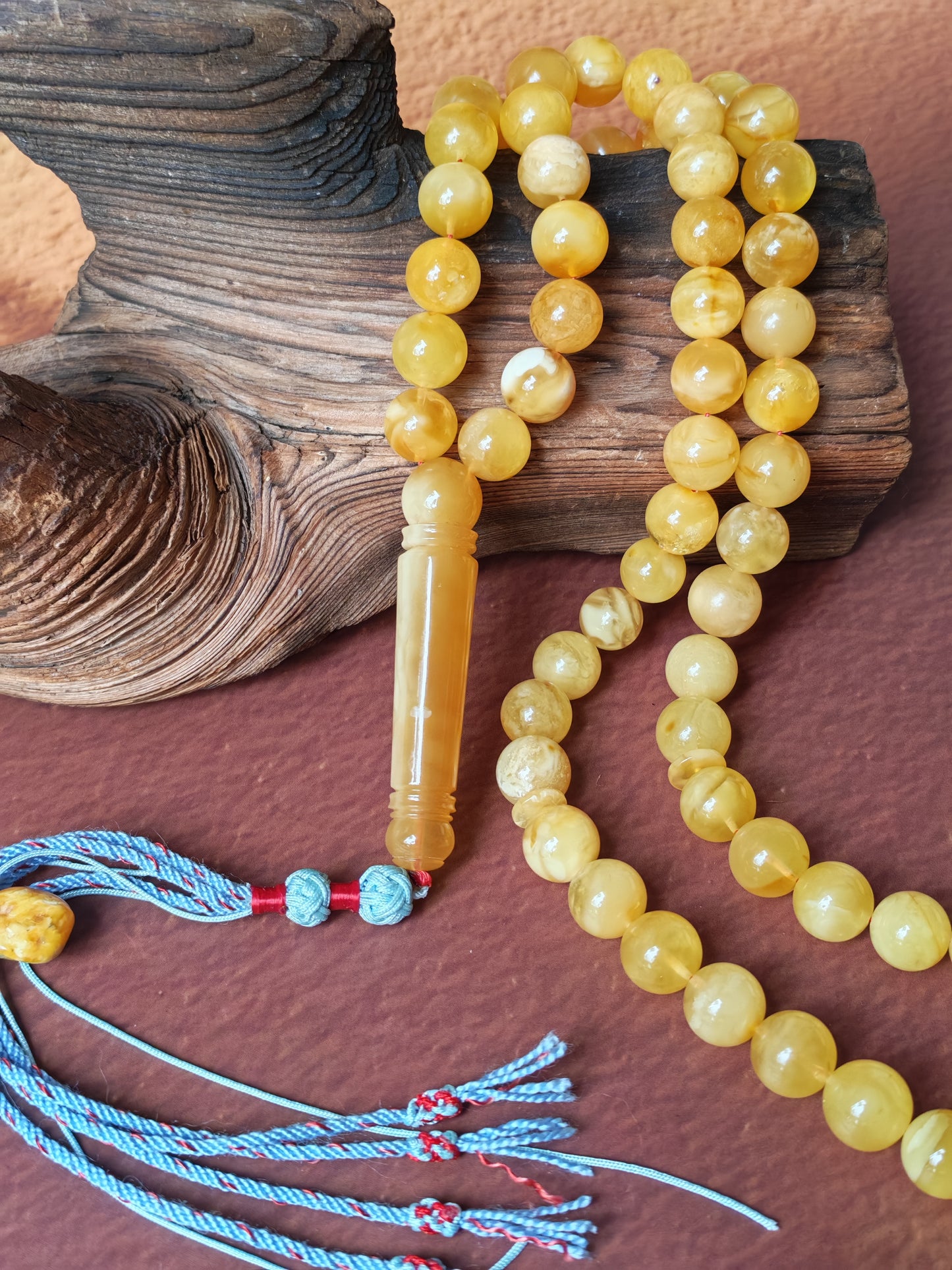 Natural Long Baltic Amber Misbah – 11.5–12mm Beads | Unique Imami | Mosaic Colors
