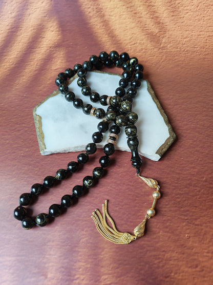 Rare Collectible American Bakelite Tasbih – 63 Istanbul Beads | Black With Aged White Veins