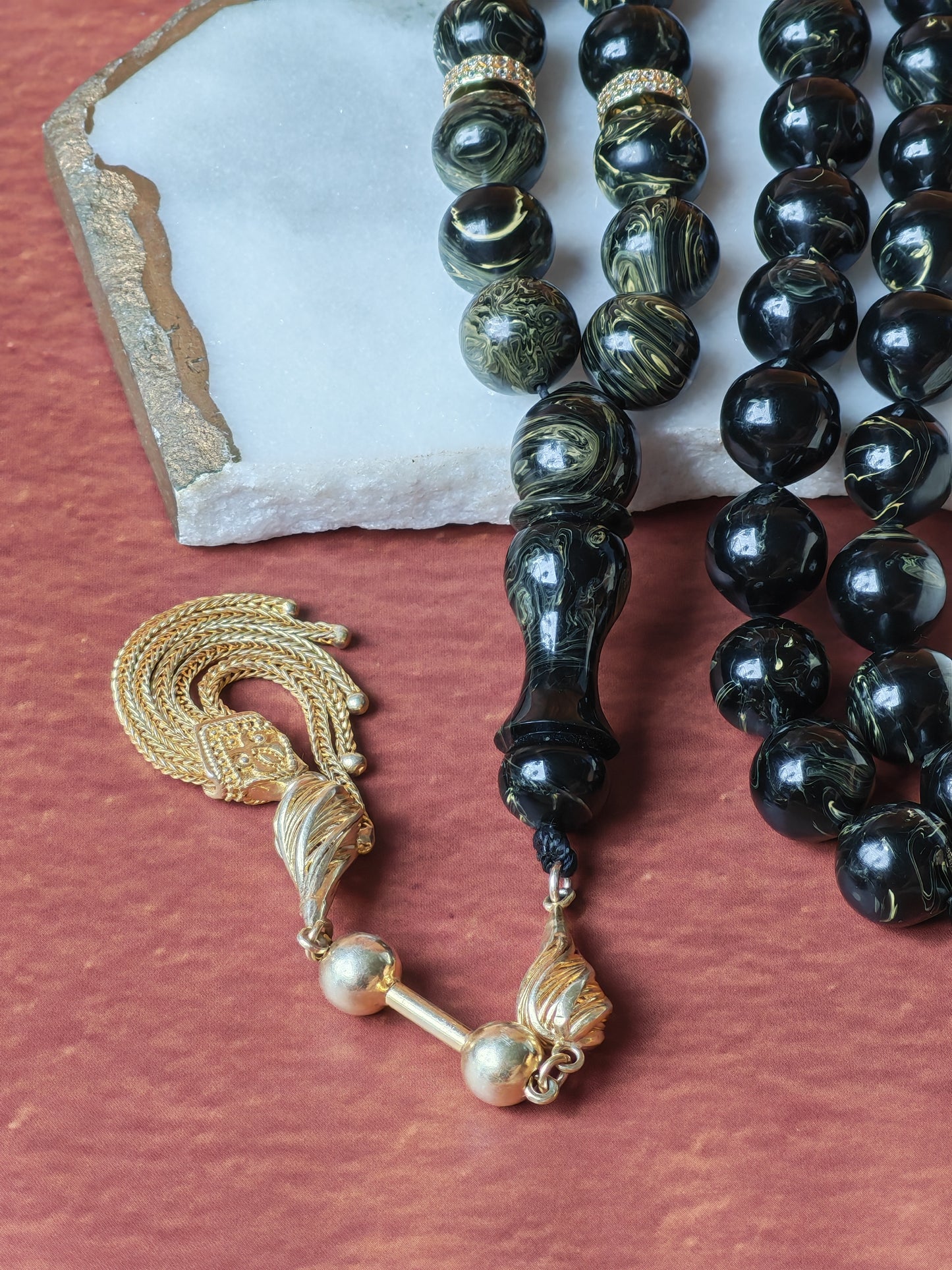 Rare Collectible American Bakelite Tasbih – 63 Istanbul Beads | Black With Aged White Veins