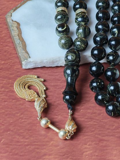 Rare Collectible American Bakelite Tasbih – 63 Istanbul Beads | Black With Aged White Veins