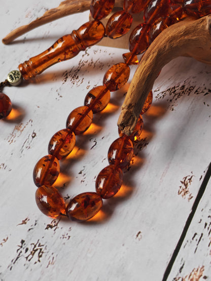 Vintage Melted Russian Amber Misbah | 39 Olive Beads | Cognac Tone