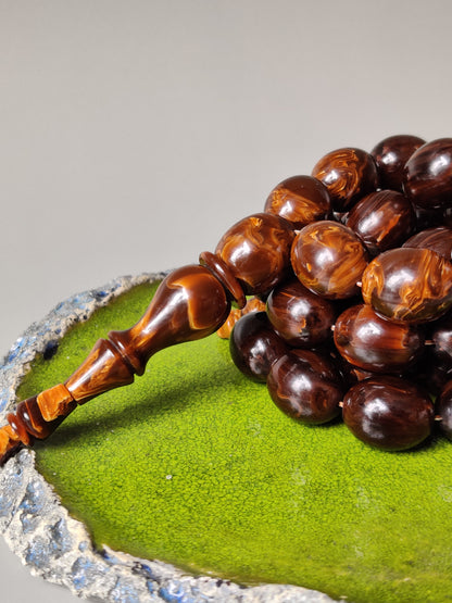 Rare American Bakelite Tasbih | 37 Pigeon Egg Beads | Chocolate Brown With Light Veins