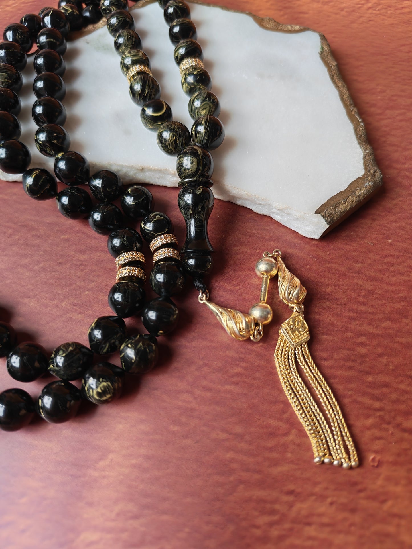 Rare Collectible American Bakelite Tasbih – 63 Istanbul Beads | Black With Aged White Veins
