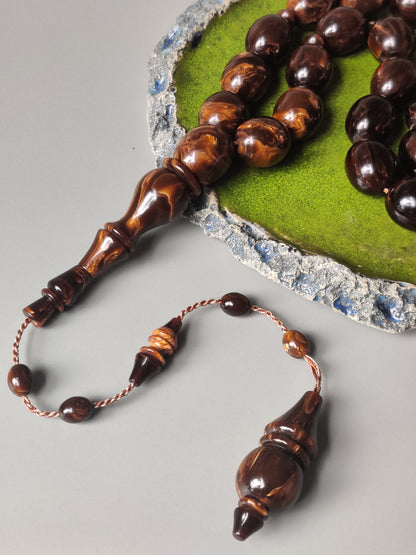 Rare American Bakelite Tasbih | 37 Pigeon Egg Beads | Chocolate Brown With Light Veins