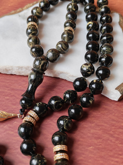 Rare Collectible American Bakelite Tasbih – 63 Istanbul Beads | Black With Aged White Veins