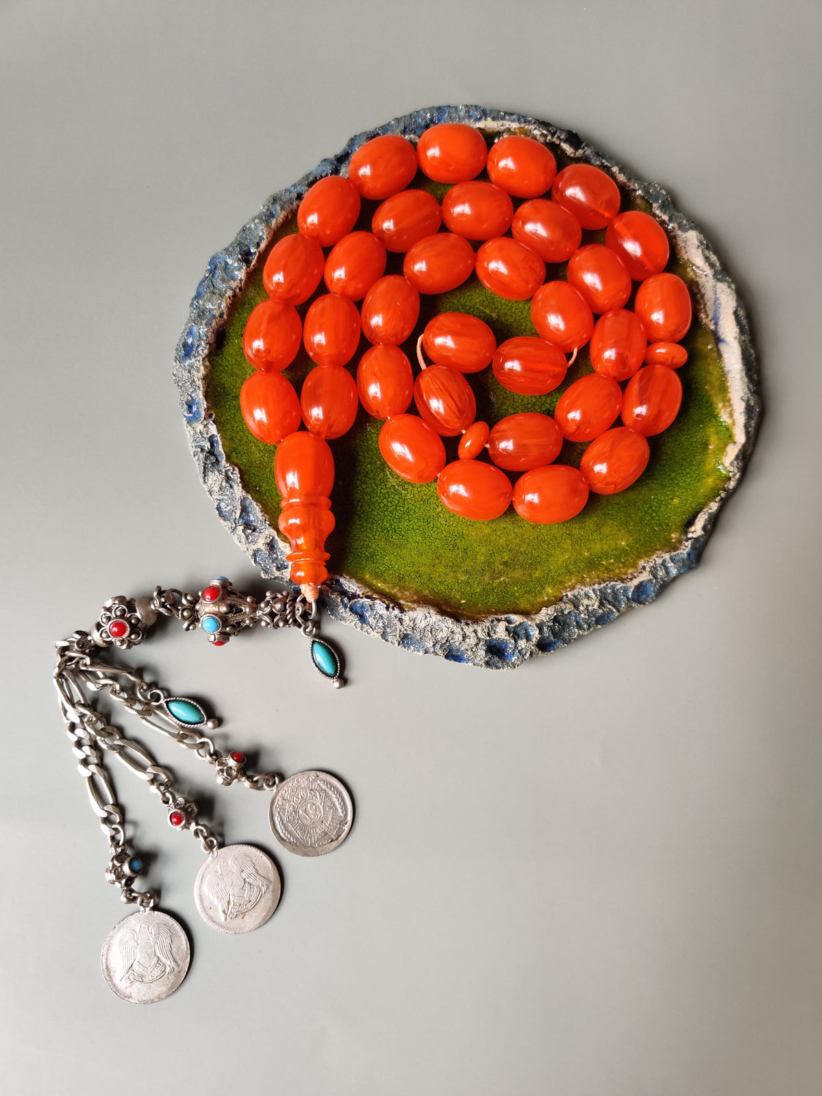 Super Rare German Bakelite Tasbih | 33 Pigeon Egg Beads | Orange with Veins
