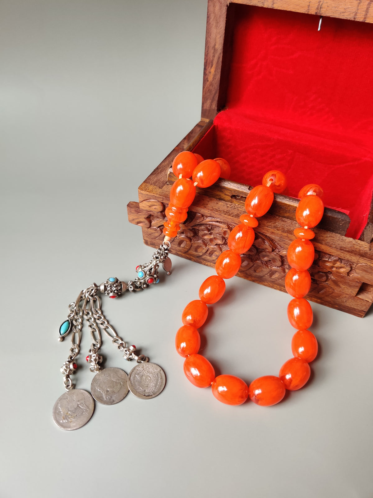 Super Rare German Bakelite Tasbih | 33 Pigeon Egg Beads | Orange with Veins