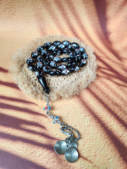 Black Ebony Tasbih | 33 Olive Beads | Silver Carving | Silver Tassel