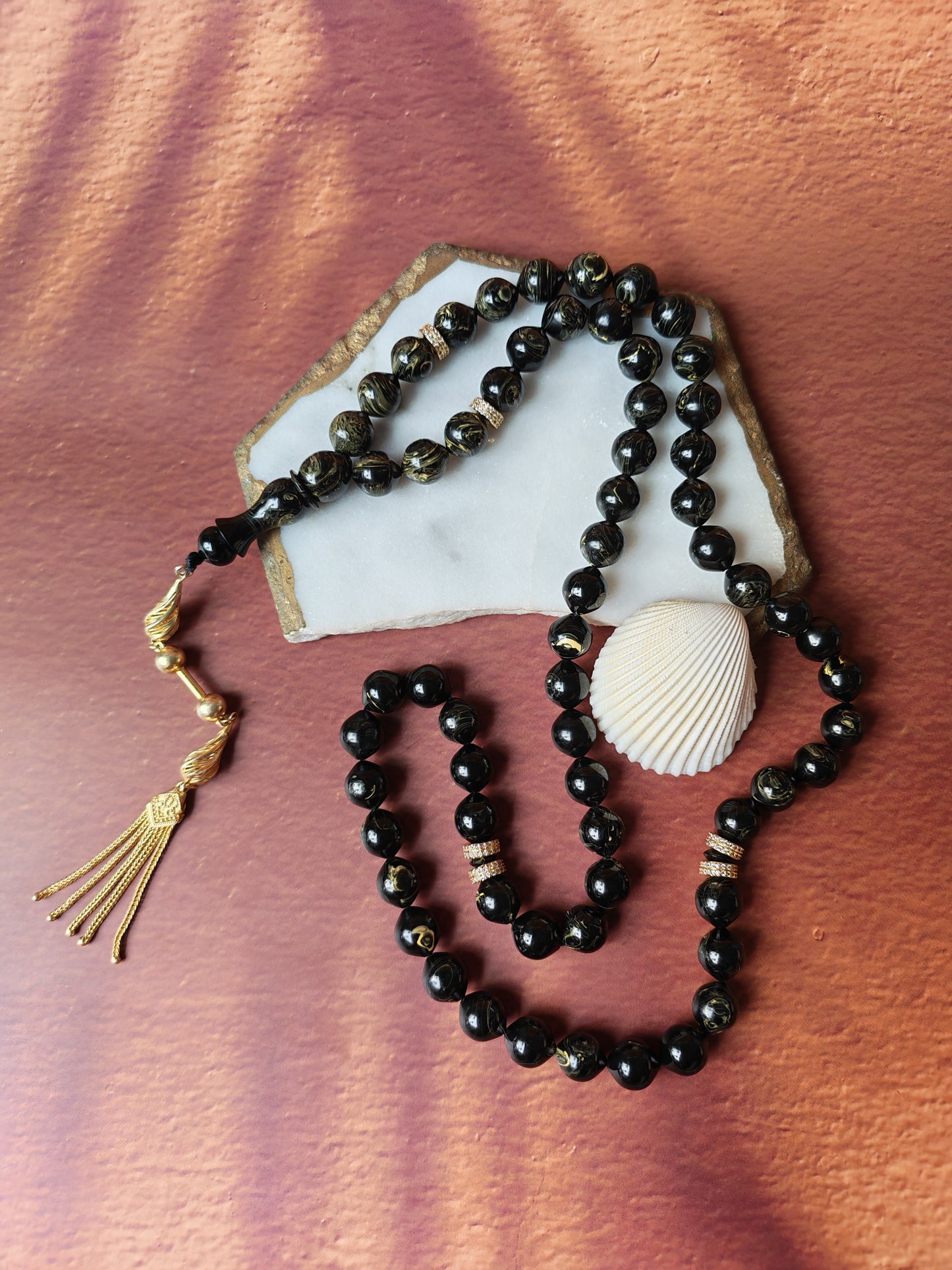 Rare Collectible American Bakelite Tasbih – 63 Istanbul Beads | Black With Aged White Veins