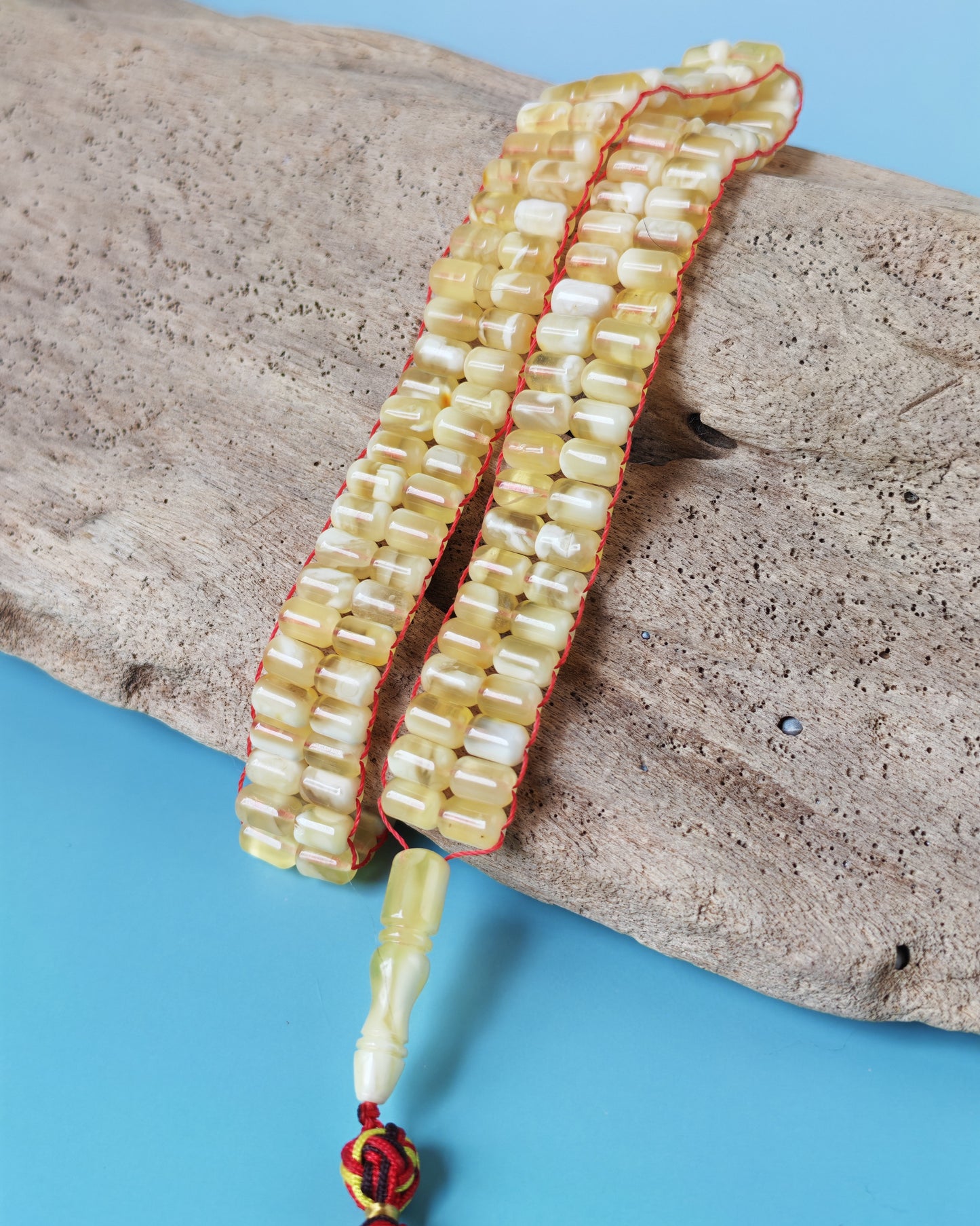 Micro Mosaic Baltic Amber Rosary – 114 Barrel Beads | Unique Flat Design