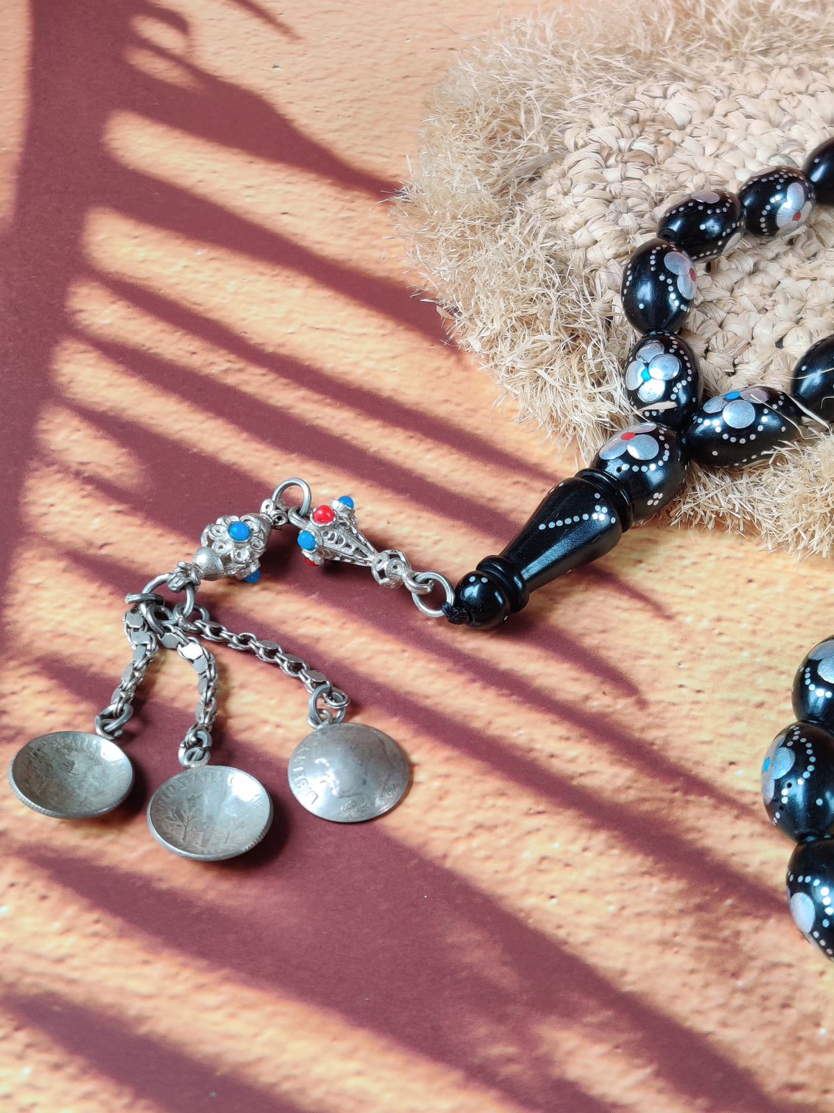 Black Ebony Tasbih | 33 Olive Beads | Silver Carving | Silver Tassel