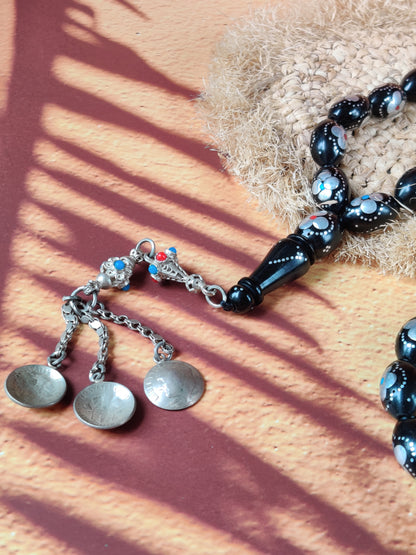 Black Ebony Tasbih | 33 Olive Beads | Silver Carving | Silver Tassel