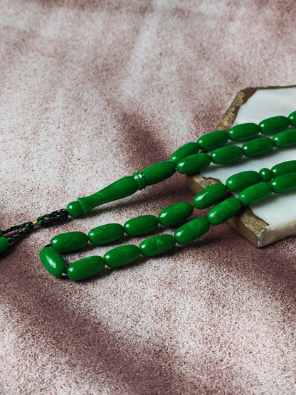 American Bakelite Tasbih – 43 Capsule Beads | Dark Green with Light Veins