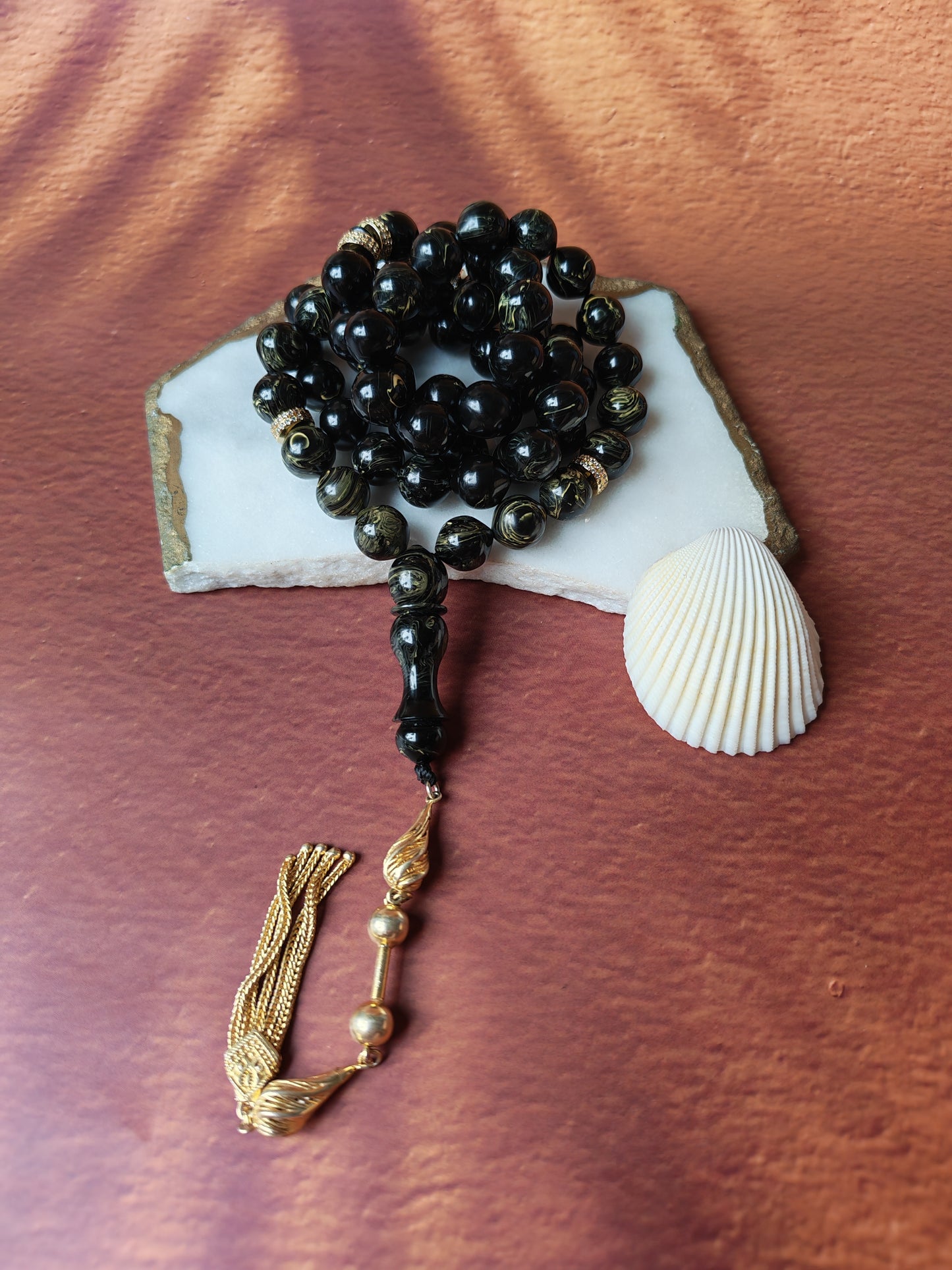 Rare Collectible American Bakelite Tasbih – 63 Istanbul Beads | Black With Aged White Veins